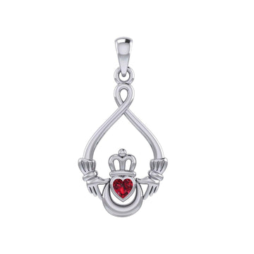 Claddagh with Heart Gemstone and Crescent Moon at the bottom Silver Pendant TPD6124 - Jewelry